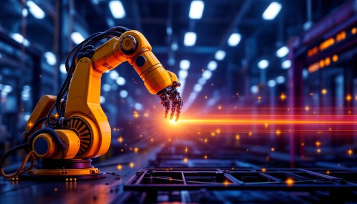 A photograph of a robotic arm in an industrial setting