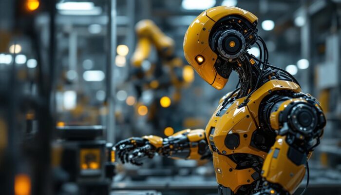 A photograph of a sleek industrial robot in action within a manufacturing environment