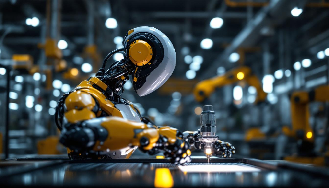 A photograph of a sleek industrial robot in action within a manufacturing environment