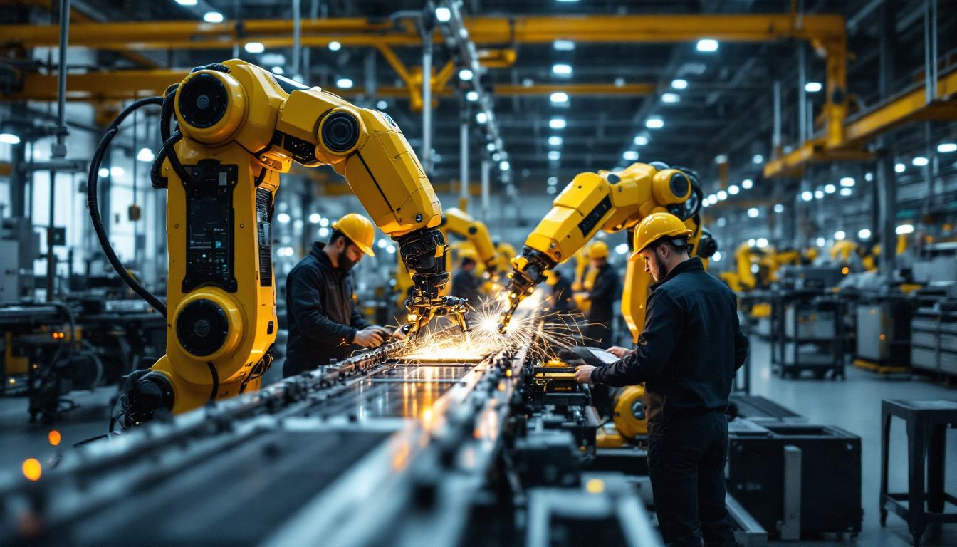 A photograph of a modern industrial setting featuring advanced robotic arms in action
