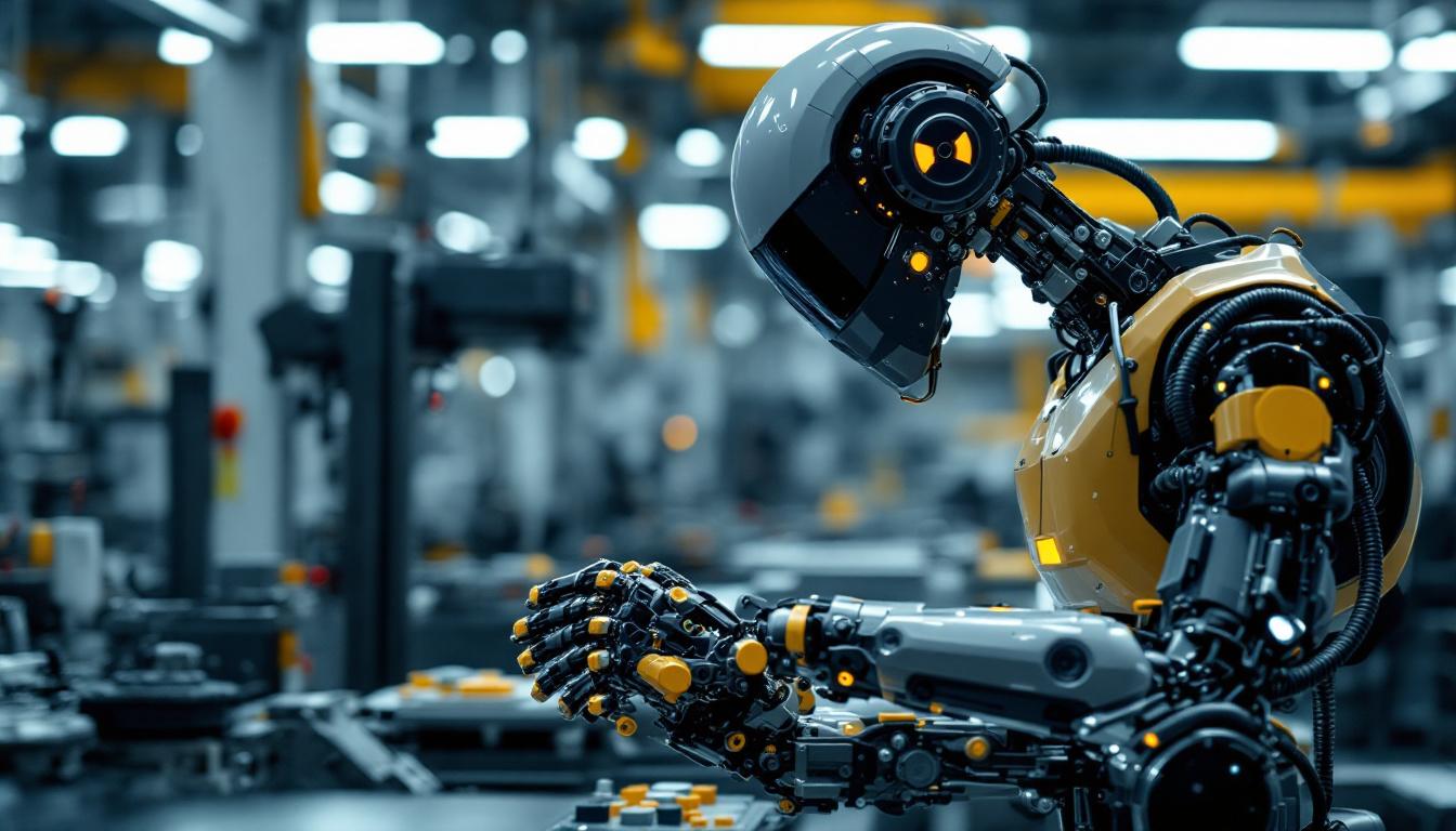 A photograph of a sleek industrial robot in action within a manufacturing setting