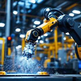 A photograph of a sleek industrial robotic arm in action