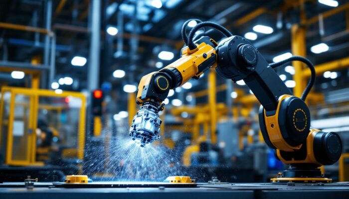 A photograph of a sleek industrial robotic arm in action