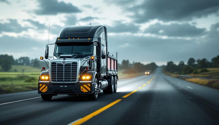 A photograph of a semi truck equipped with a deer guard