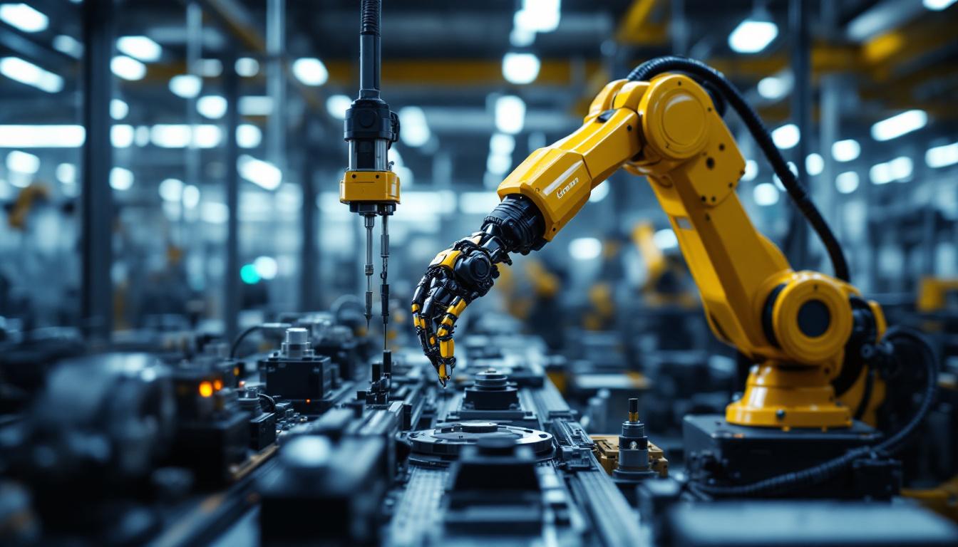 A photograph of capture a photograph of a sleek industrial robotic arm in action within a modern manufacturing environment