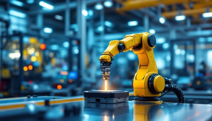 A photograph of a sleek industrial robotic arm in action