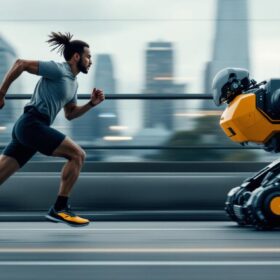 A photograph of a dynamic scene featuring a human runner sprinting at full speed alongside a high-tech industrial robot in motion