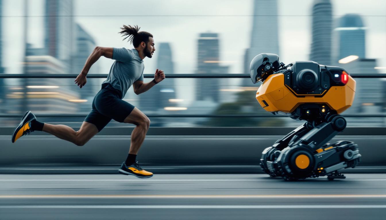 A photograph of a dynamic scene featuring a human runner sprinting at full speed alongside a high-tech industrial robot in motion