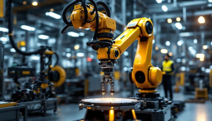 A photograph of a modern industrial robotic arm in action