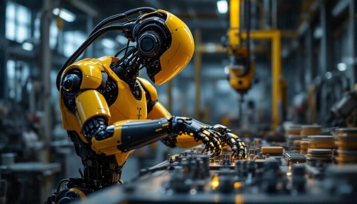 A photograph of a sleek industrial robot in action within a manufacturing environment