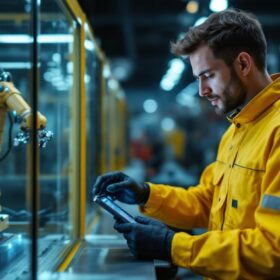 A photograph of a skilled technician programming or operating an industrial robot in a modern manufacturing facility