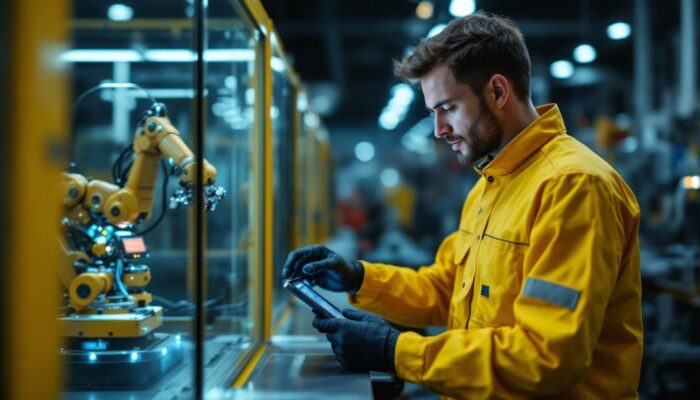 A photograph of a skilled technician programming or operating an industrial robot in a modern manufacturing facility