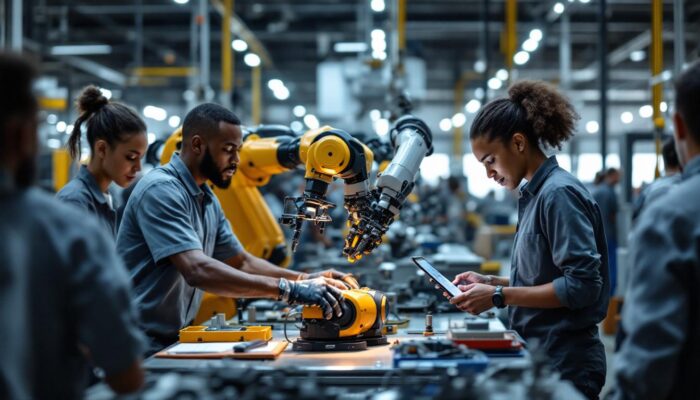 A photograph of a dynamic scene featuring a diverse group of summer interns engaged in hands-on work with industrial robots in a modern boston manufacturing facility
