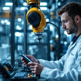 A photograph of capture a photograph of a skilled technician programming or operating an industrial robot in a dynamic manufacturing environment