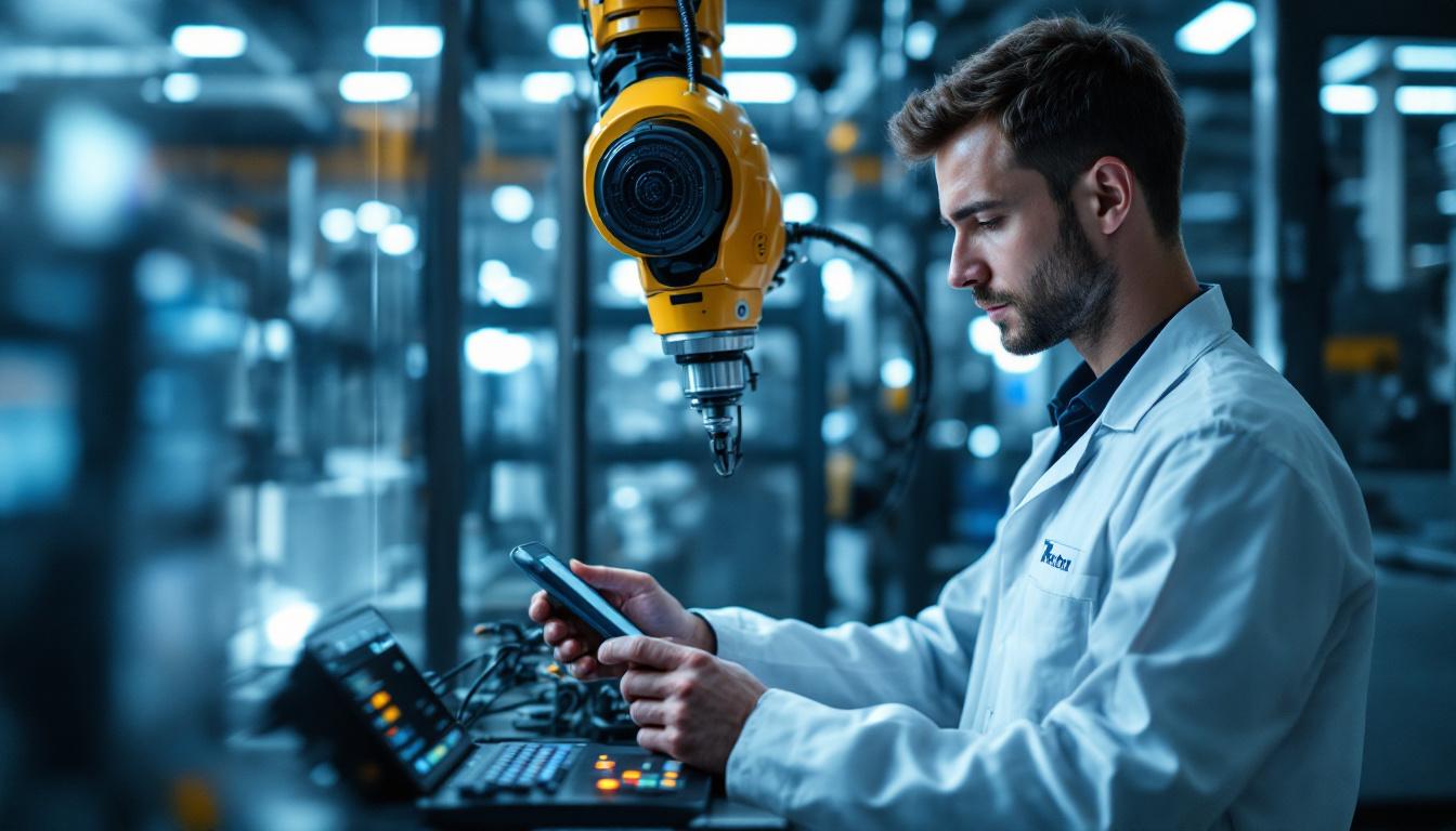 A photograph of capture a photograph of a skilled technician programming or operating an industrial robot in a dynamic manufacturing environment