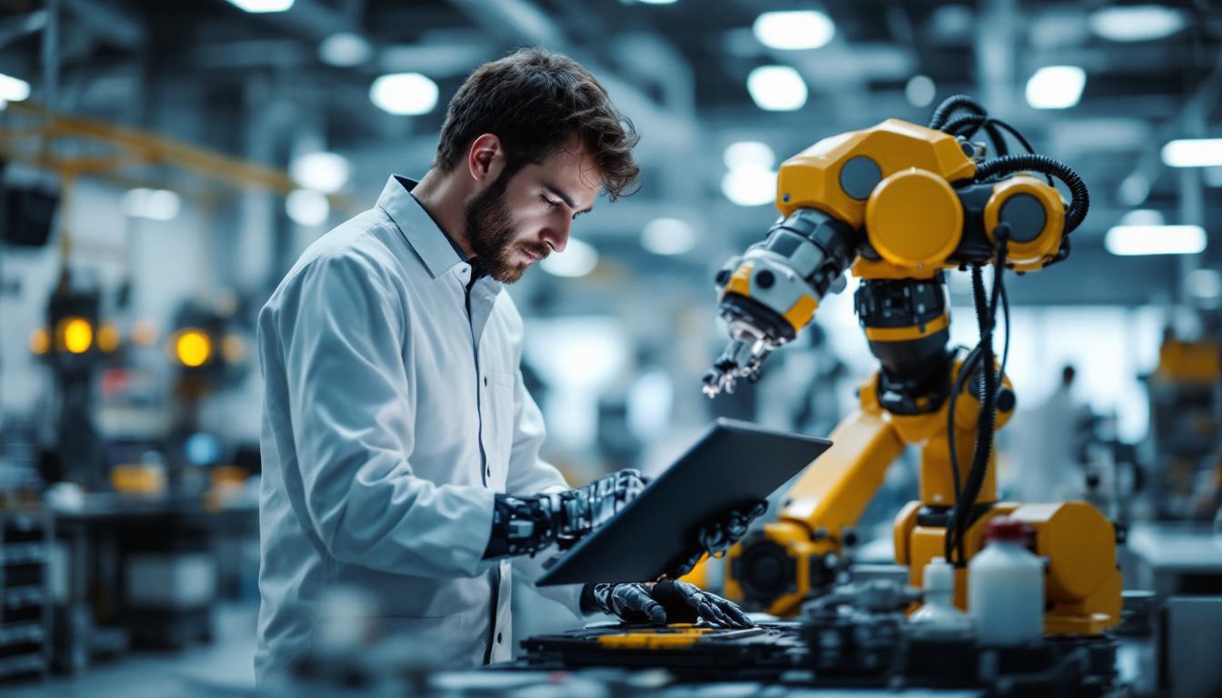A photograph of a skilled data annotation technician working alongside an industrial robot in a modern workspace