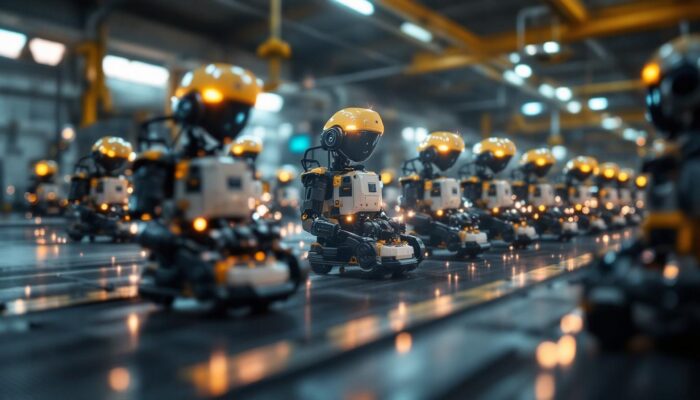 A photograph of a dynamic scene featuring a group of swarm robots working collaboratively in an industrial setting