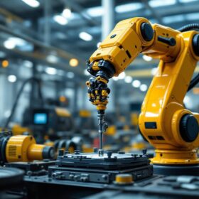 A photograph of a modern industrial robotic arm in action
