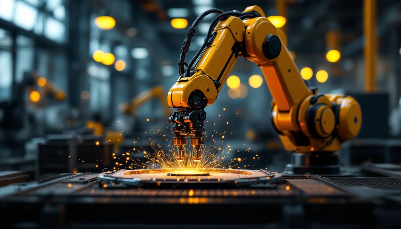 A photograph of a sleek industrial robotic arm in action