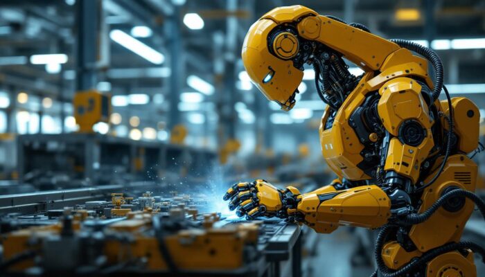 A photograph of a sleek industrial robot in action within a manufacturing environment