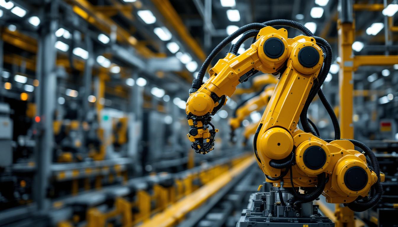 A photograph of a sleek industrial robotic arm in action within a modern automotive manufacturing facility