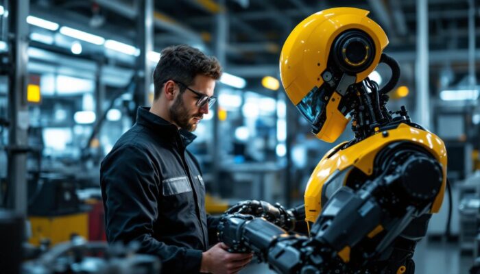A photograph of a skilled chemical engineer working alongside an industrial robot in a modern lab or manufacturing setting