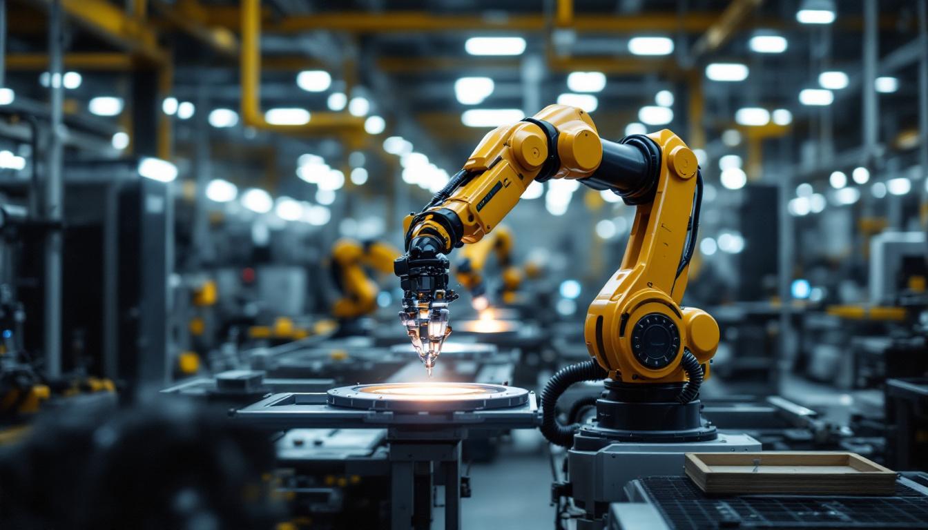 A photograph of a sleek industrial robotic arm in action within a modern manufacturing environment