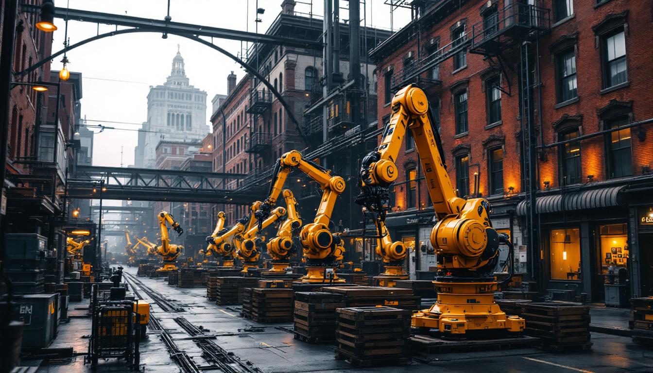A photograph of capture a photograph of a bustling boston industrial area featuring a blend of historic architecture and modern robotics in action