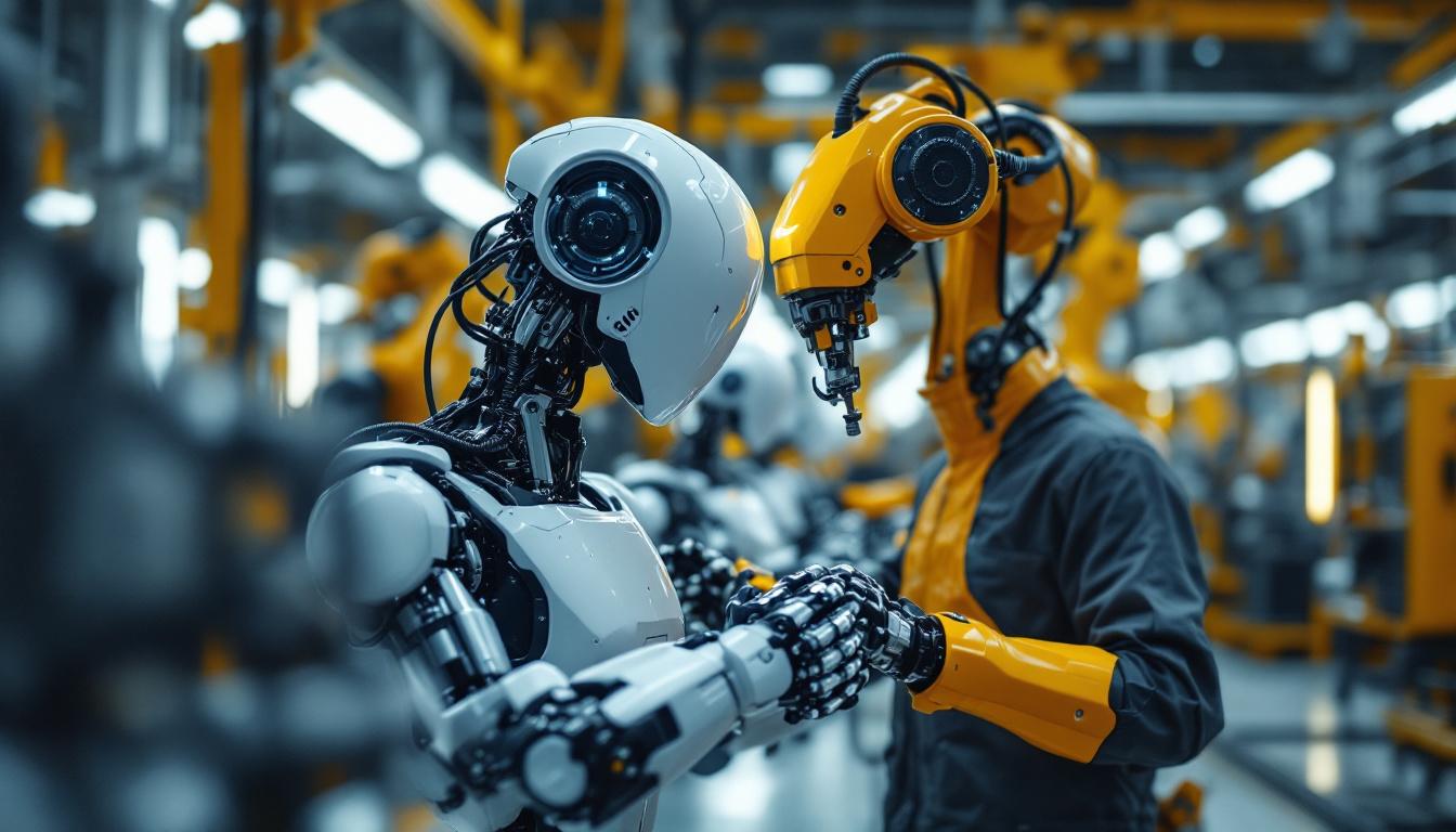 A photograph of a hyundai manufacturing facility showcasing industrial robots in action