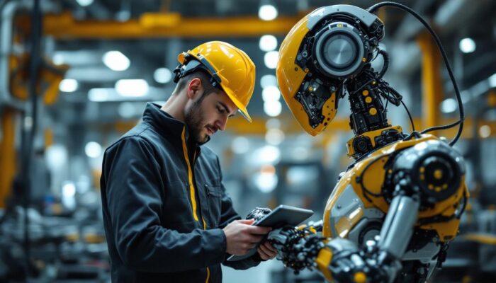 A photograph of a skilled engineer working alongside a sophisticated industrial robot in a modern manufacturing setting