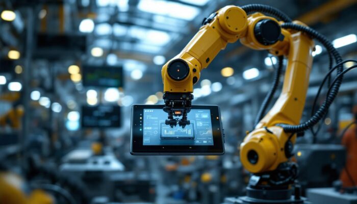 A photograph of a modern industrial robotic arm in action