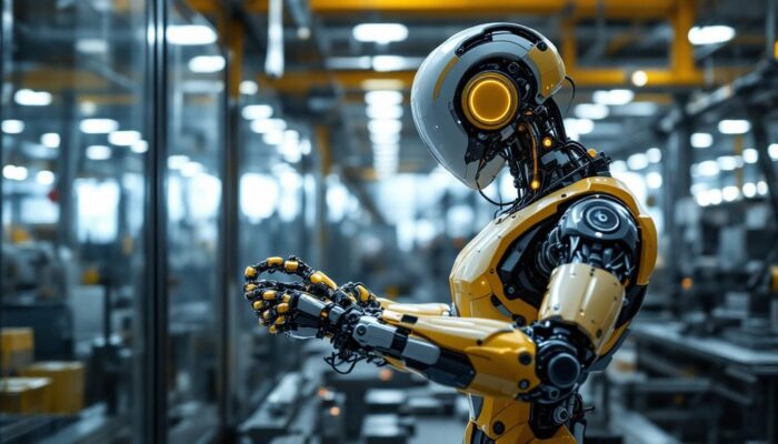 A photograph of a sleek industrial robot in action