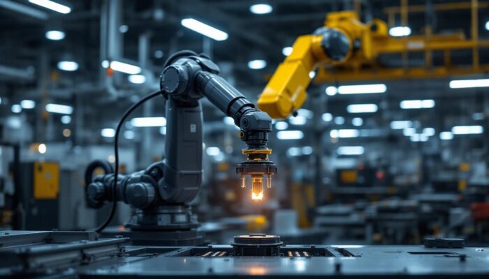 A photograph of a sleek industrial robotic arm in action within a modern manufacturing facility in waltham