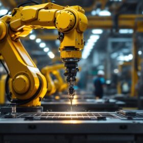 A photograph of a sleek industrial robotic arm in action within a manufacturing setting