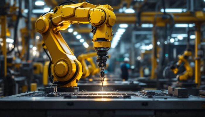A photograph of a sleek industrial robotic arm in action within a manufacturing setting
