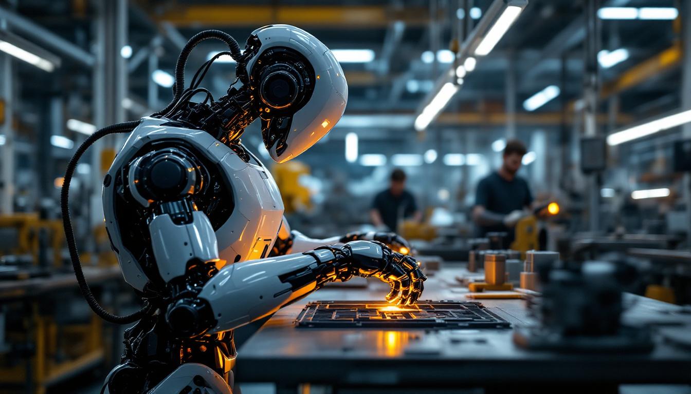 A photograph of a modern industrial robot in action within a manufacturing environment