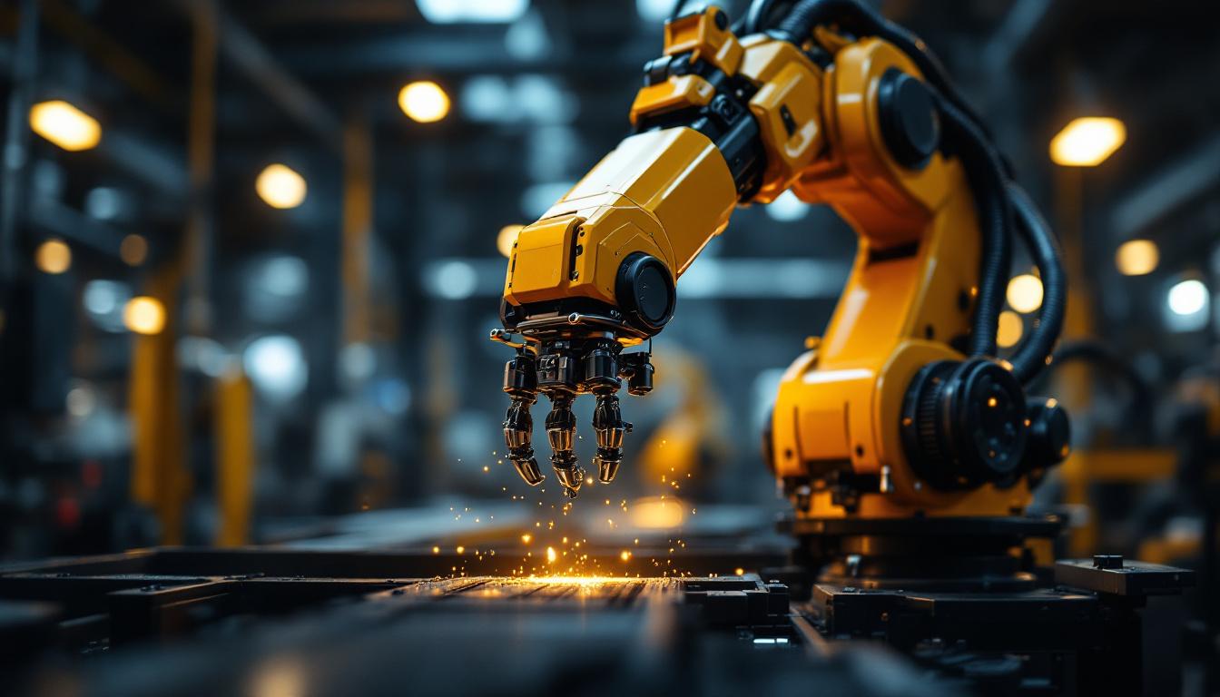 A photograph of a sleek industrial robotic arm in action