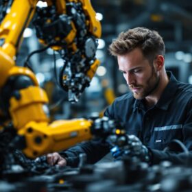 A photograph of a skilled electrical engineer working on an industrial robot in a high-tech manufacturing environment