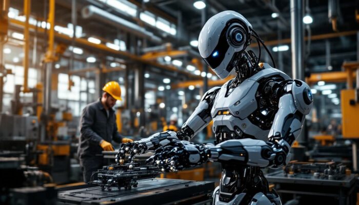 A photograph of a modern industrial robot in action within a manufacturing environment