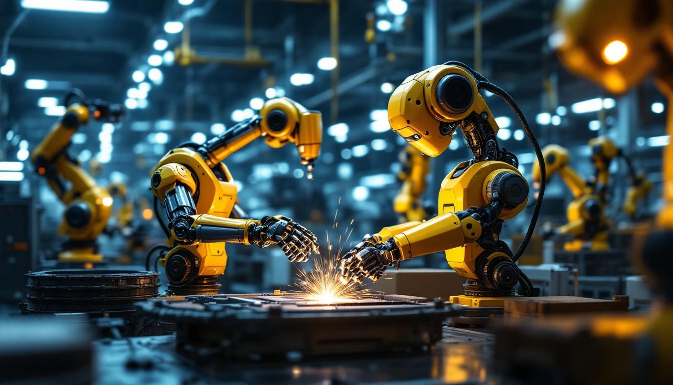 A photograph of a dynamic industrial setting featuring a variety of robots in action