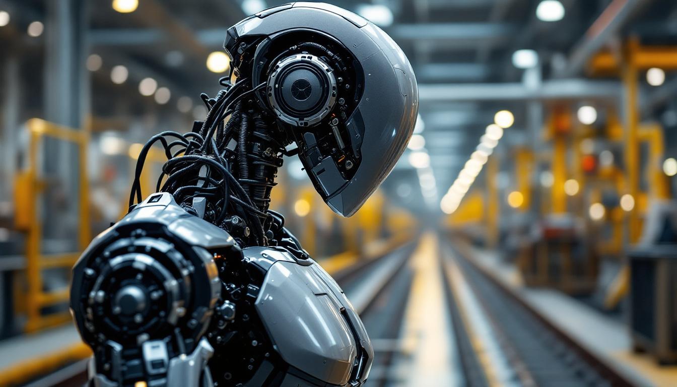 A photograph of a sleek industrial robot in action within a modern manufacturing facility