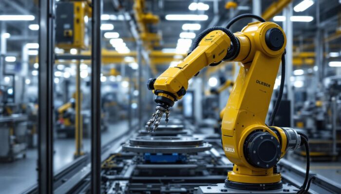 A photograph of a sleek industrial robotic arm in action within the dresden global foundries facility