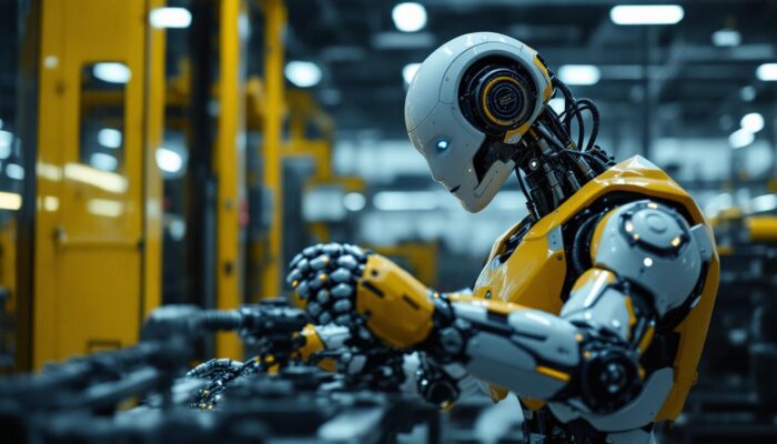 A photograph of a sleek industrial robot in action