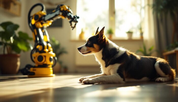 A photograph of a playful dog stretching in a sunlit room