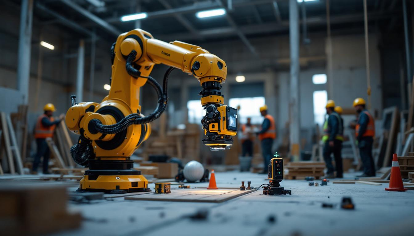 A photograph of a construction site where a lidar scanner is actively being used by a robotic arm