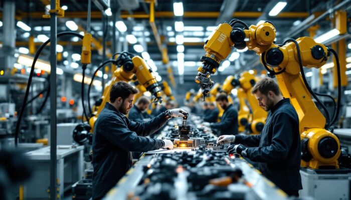 A photograph of a hyundai manufacturing facility showcasing industrial robots in action