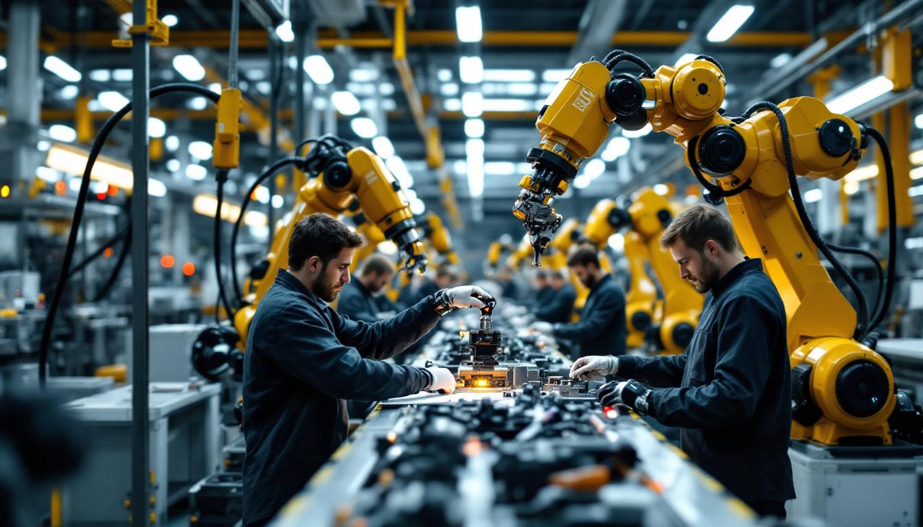 A photograph of a hyundai manufacturing facility showcasing industrial robots in action