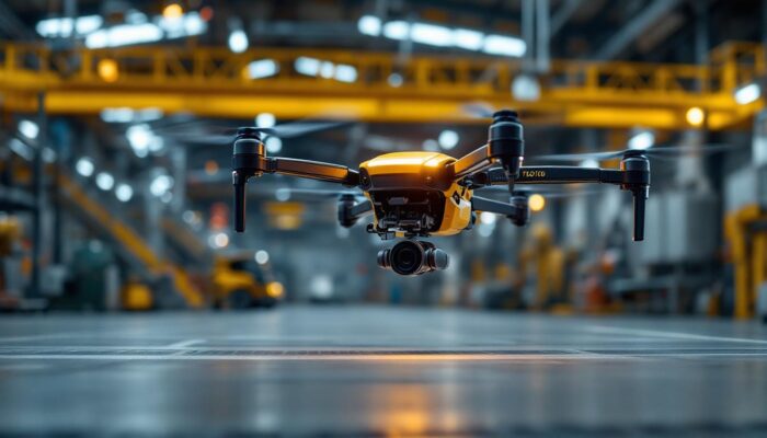 A photograph of a drone robot in action within an industrial setting