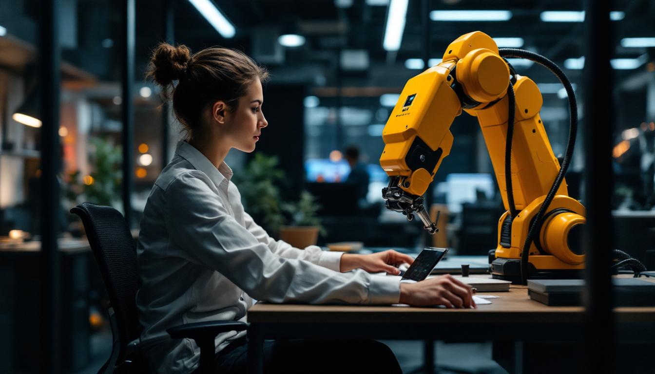 A photograph of a legal assistant working in a modern office environment