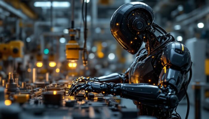A photograph of a sleek industrial robot in action within a modern manufacturing facility